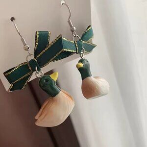 Vintage Cute Duck Earrings with Green Bows